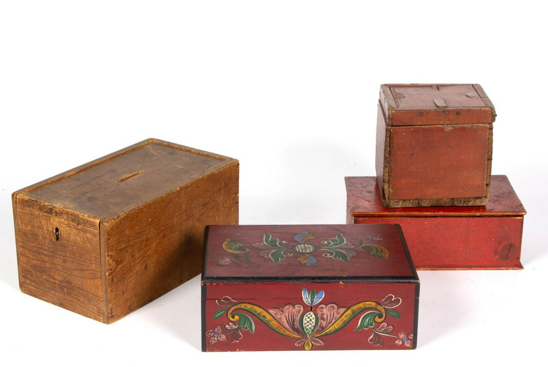 AMERICAN COUNTRY PAINTED BOXES, LOT OF FOUR: AMERICAN COUNTRY PAINTED BOXES, LOT OF FOUR, including pine slide-lid ballot box, in dry natural surface. Fourth quarter 19th/first quarter 20th century. Ballot Box 5 3/4" H, 11 1/2" W, 6 3/4" D. Very