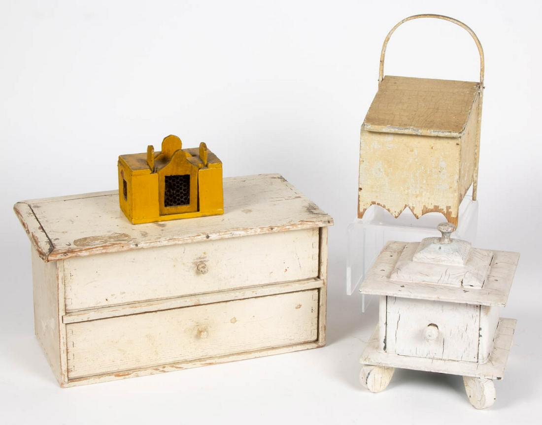 AMERICAN COUNTRY PAINTED WOODEN BOXES, LOT OF FOUR: AMERICAN COUNTRY PAINTED WOODEN BOXES, LOT OF FOUR, including Queen Bee box, and table-top cupboard with two drawers. Queen Bee box retains an old chrome yellow-painted surface. 19th century. Queen Be