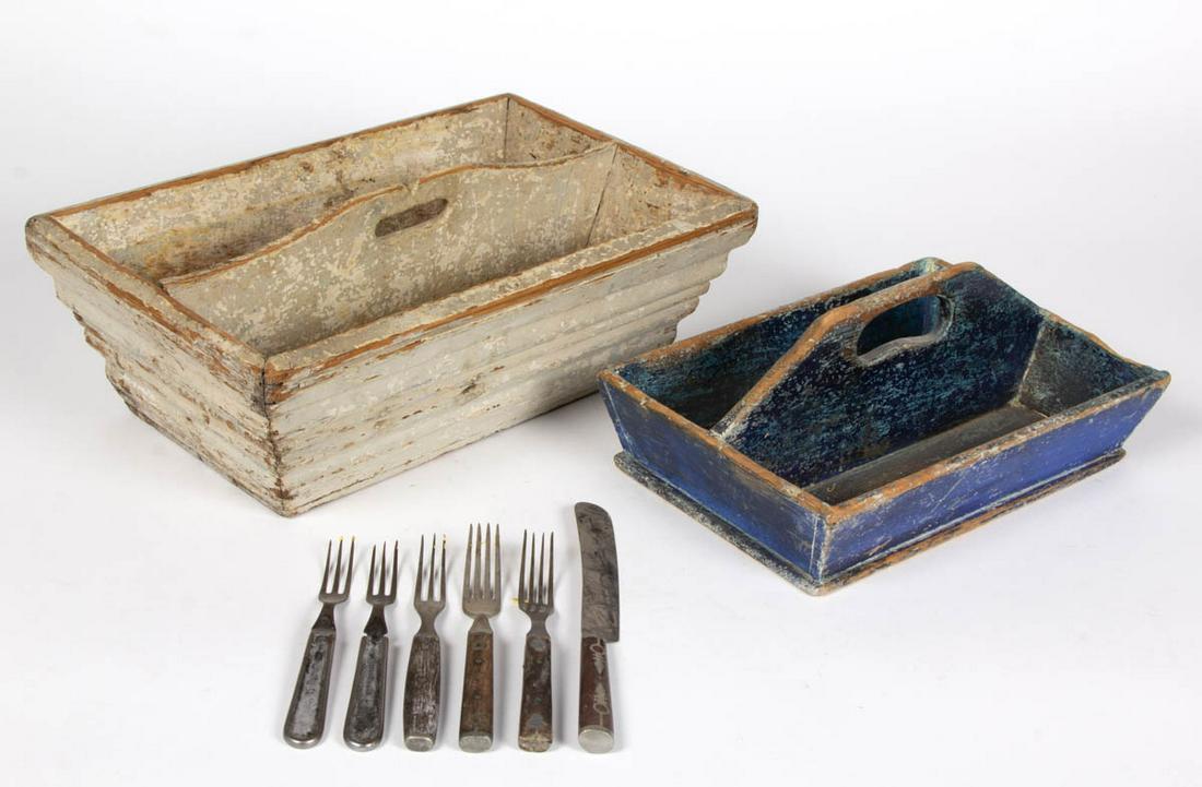 AMERICAN COUNTRY PAINTED PINE CUTLERY / KNIFE BOXES,: AMERICAN COUNTRY PAINTED PINE CUTLERY / KNIFE BOXES, LOT OF TWO, including one with unique construction possibly made from cornice pieces. Each retains an old painted surface. Together with six pieces