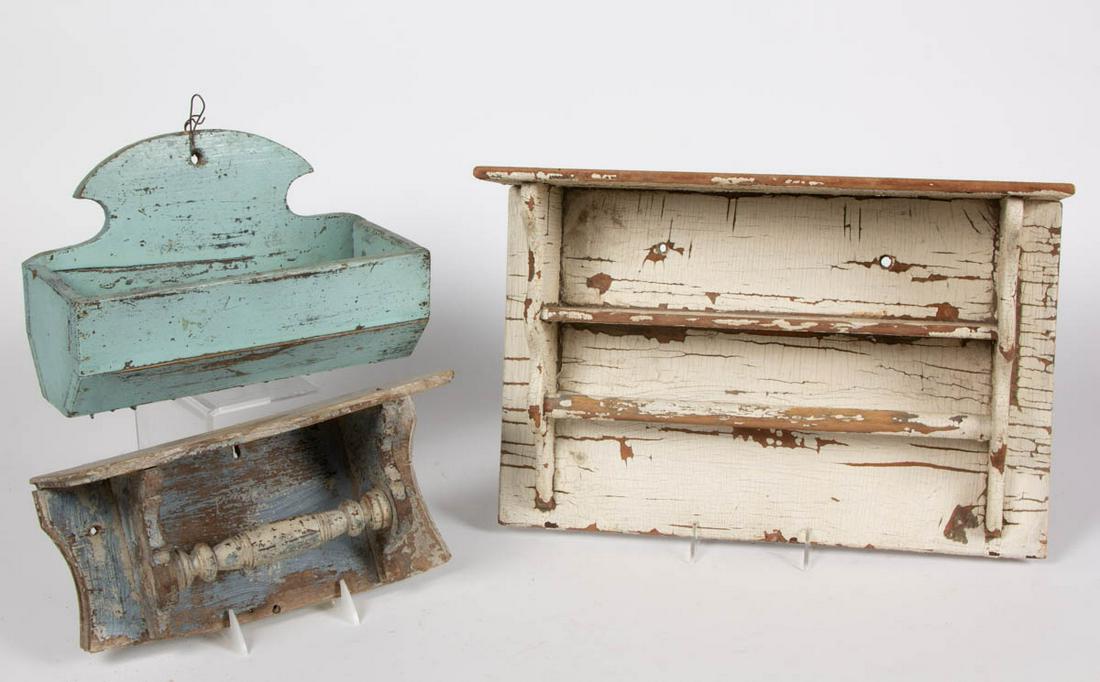 AMERICAN COUNTRY PAINTED WOODEN WALL SHELVES / BOXES,: AMERICAN COUNTRY PAINTED WOODEN WALL SHELVES / BOXES, LOT OF THREE, including one with a turned dowel rod, and wall box example with wire underside. Each retains an old painted surface. Fourth quarter