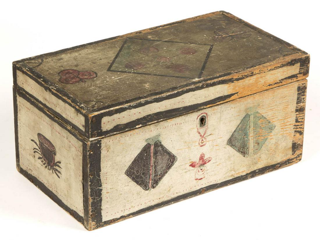 AMERICAN PAINT-DECORATED POPLAR AND PINE BOX: AMERICAN PAINT-DECORATED POPLAR AND PINE BOX, hinged rectangular top, nailed constructed case, featuring spade symbols on the top, and initialed on the interior of the lid. Retains likely original pol