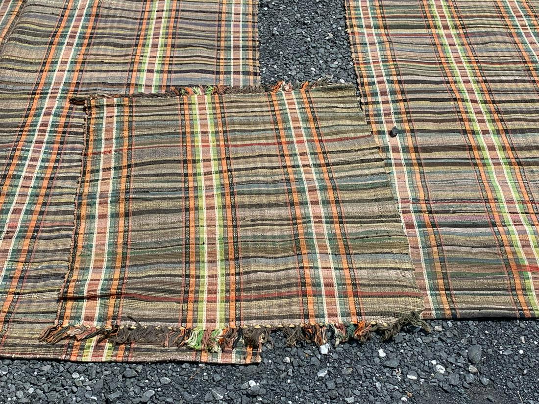 MID-ATLANTIC WOVEN RAG ROOM-SIZE RUGS, PAIR: MID-ATLANTIC WOVEN RAG ROOM-SIZE RUGS, PAIR, each being two runners stitched together, pastel and earthtone colors.Together with a matching short mat. Three pieces total. Late 19th/early 20th century.