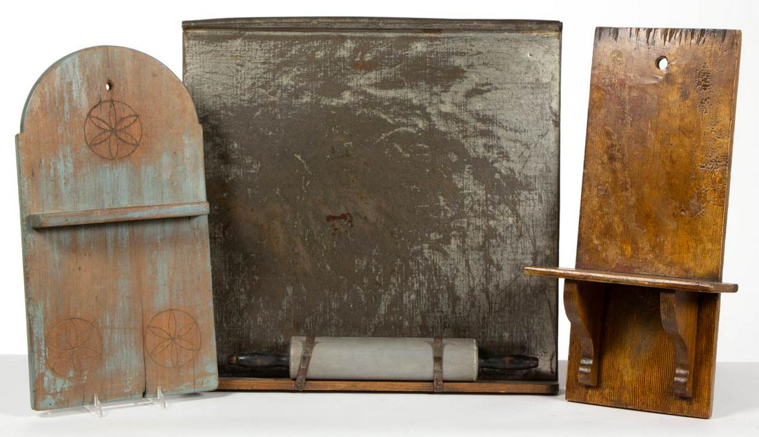 AMERICAN COUNTRY DOMESTIC ARTICLES, LOT OF FOUR: AMERICAN COUNTRY DOMESTIC ARTICLES, LOT OF FOUR, comprising two wall shelves, and an industrial sheet-metal rolling pin and bread board. One wall shelf retains likely original grain-painted decorated