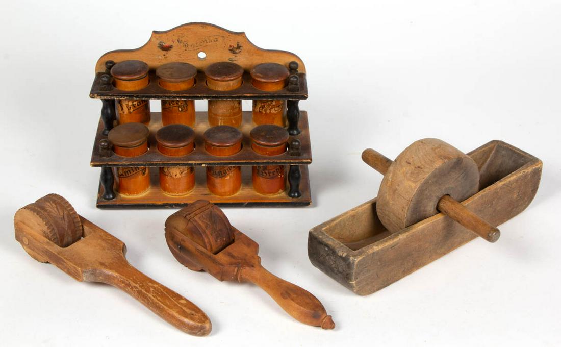 ASSORTED COUNTRY TREEN KITCHEN ARTICLES, LOT OF FOUR: ASSORTED COUNTRY TREEN KITCHEN ARTICLES, LOT OF FOUR, including two pastry rollers, and spice jar set. Fourth quarter 19th/first quarter 20th century. Rollers 7 1/4" to 9" L. Very good overall conditi