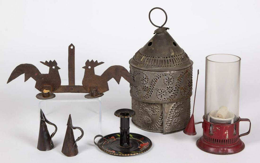 ASSORTED COUNTRY TIN LIGHTING, LOT OF SIX: ASSORTED COUNTRY TIN LIGHTING, LOT OF SIX, including a punched-tin two-part hanging example, paint-decorated chamberstick, and two candle snuffers. 19th/20th century. Snuffer 4" H. Very good overall c