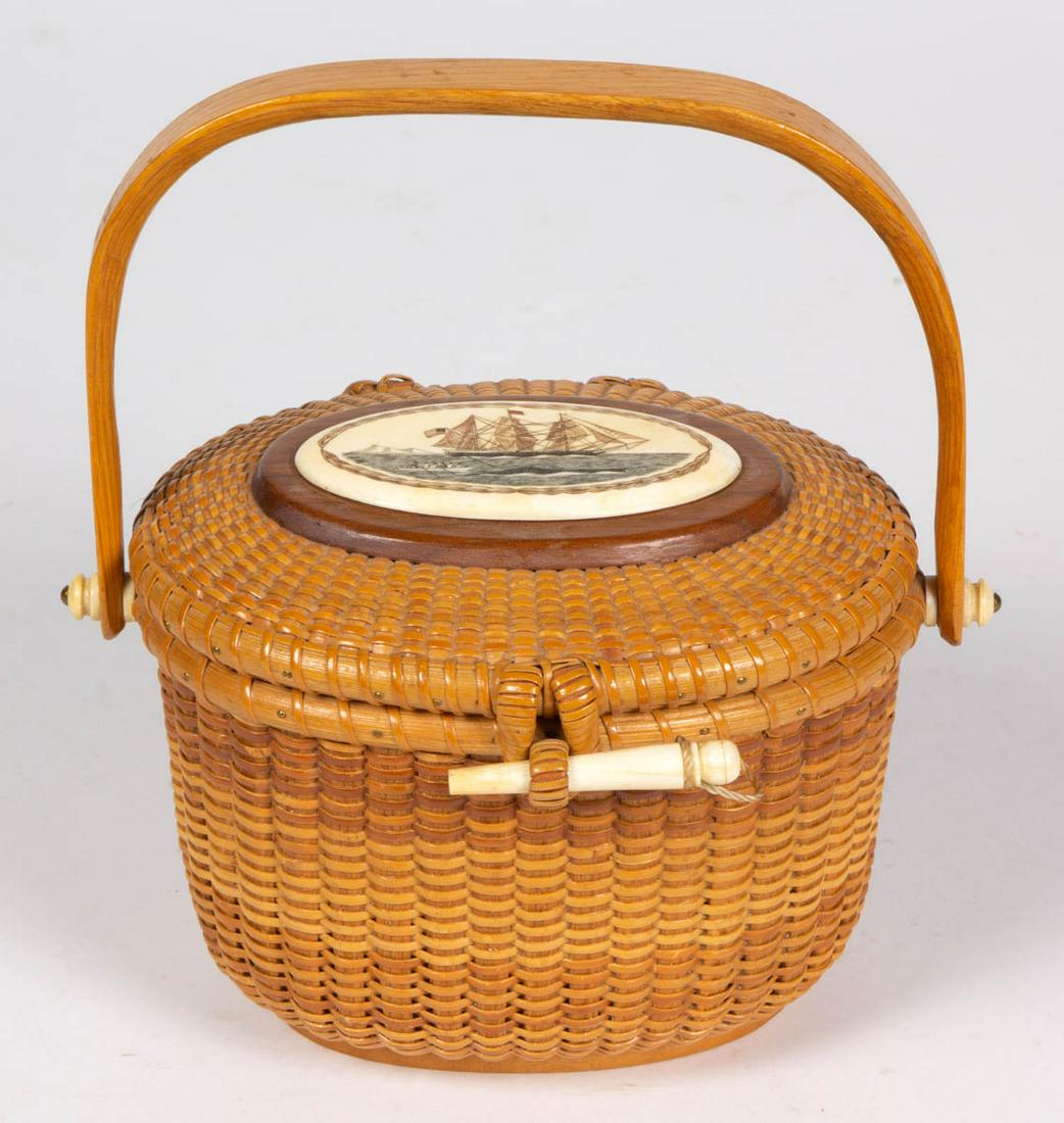 MIKE KANE NANTUCKET BASKET PURSE: MIKE KANE NANTUCKET BASKET PURSE, featuring scrimshawed decoration of a whaling ship, stamped to the underside "MADE BY / MIKE KANE / NANTUCKET / ISLAND / 7", interior with a penny from 1973. Dated 19