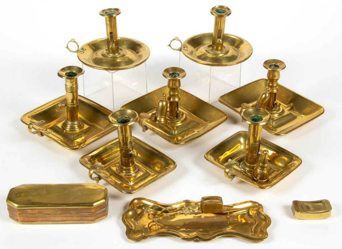 ASSORTED ENGLISH BRASS ARTICLES, LOT OF TEN: ASSORTED ENGLISH BRASS ARTICLES, LOT OF TEN, including near pair of chambersticks, candle snuffer with tray, and tinder box. 19th century. Chambersticks 4 1/2" H. Very good overall condition, some exa
