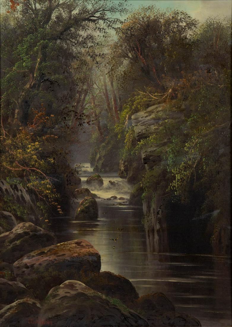 ELLIE WILSON (BRITISH, 19TH CENTURY) LANDSCAPE PAINTING: ELLIE WILSON (BRITISH, 19TH CENTURY) LANDSCAPE PAINTING, oil on canvas, a tranquil scene with mountain stream in a verdant forest, signed lower left, London merchant's canvas stamp verso. Housed in li