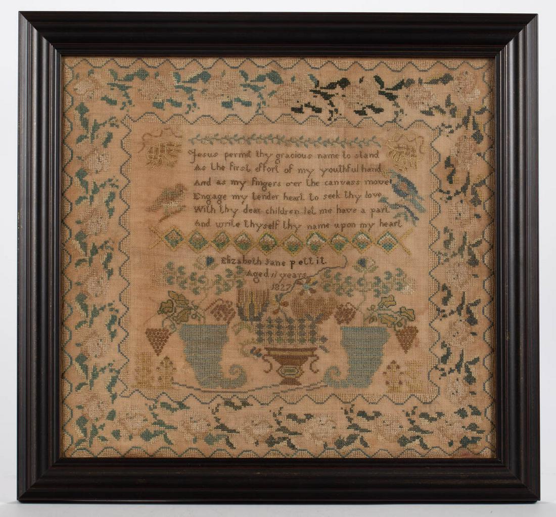 NEW YORK PICTORIAL NEEDLEWORK SAMPLER: NEW YORK PICTORIAL NEEDLEWORK SAMPLER, silk on linen, six-row verse flanked by birds and flowers, signed below "Elizabeth Jane Pettit. / Aged 11 years / 1827", all above pictorial motifs including cor