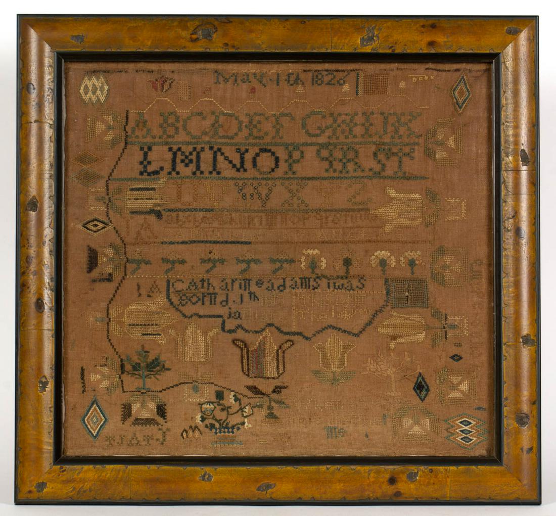 AMERICAN, POSSIBLY NEW JERSEY, NEEDLEWORK SAMPLER: AMERICAN, POSSIBLY NEW JERSEY, NEEDLEWORK SAMPLER, silk on linen, dated "May 1th 1826" at the top above four alphabet rows above a row of initials segmented by horizontal bands of decorative stitching