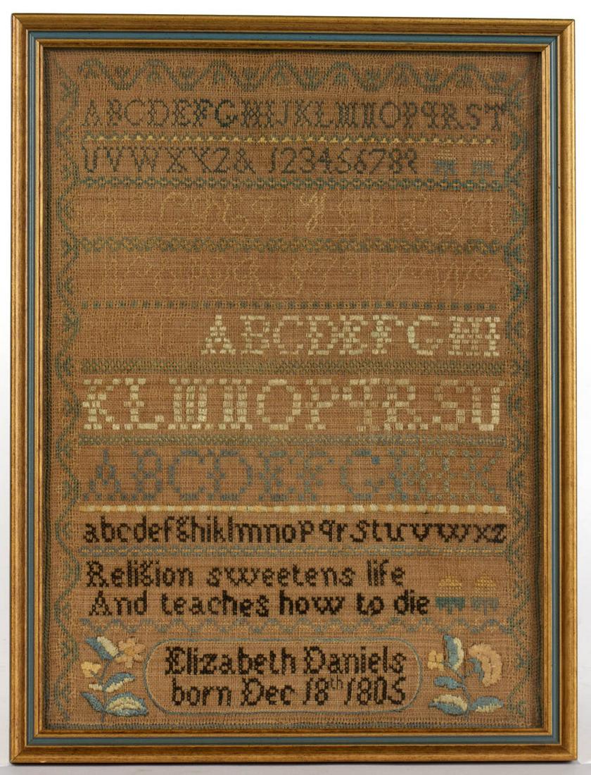 AMERICAN, POSSIBLY CONNECTICUT, NEEDLEWORK SAMPLER: AMERICAN, POSSIBLY CONNECTICUT, NEEDLEWORK SAMPLER, silk on linen, eight alphabet and numeral rows segmented by horizontal bands of decorative stitching over "Religion sweetens life / And teaches how 