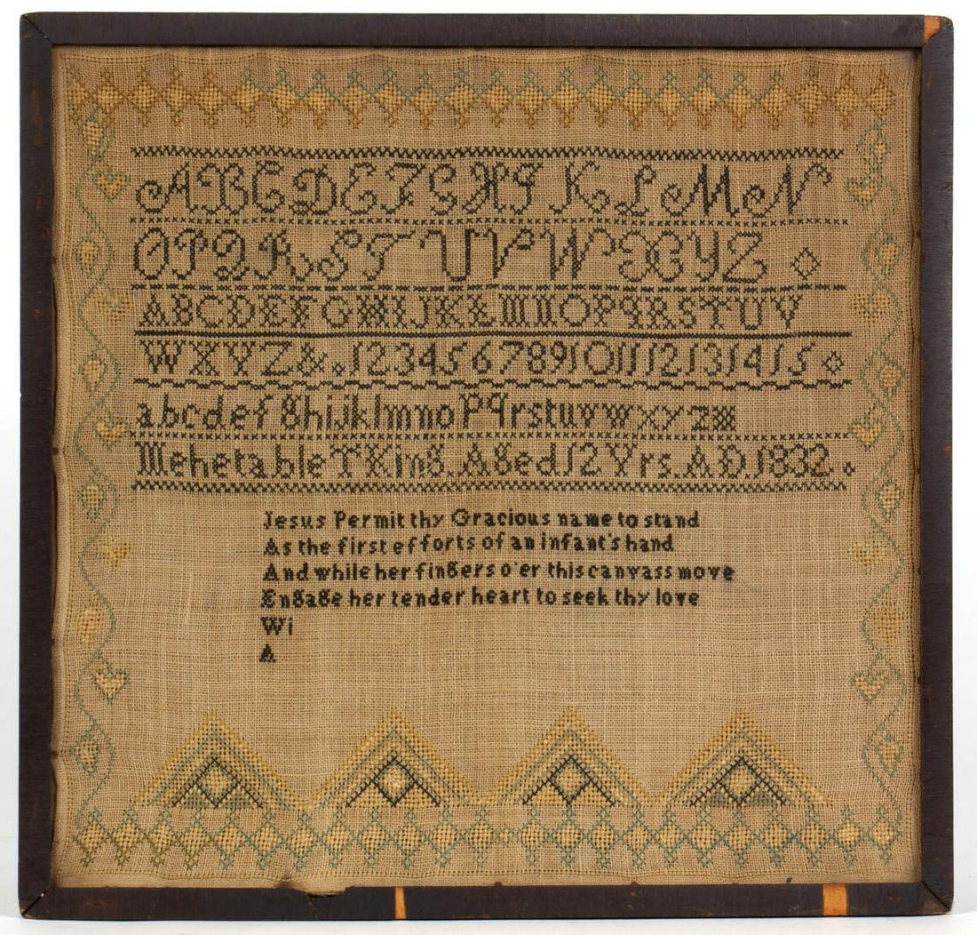 ABINGTON, PLYMOUTH CO., MASSACHUSETTS NEEDLEWORK: ABINGTON, PLYMOUTH CO., MASSACHUSETTS NEEDLEWORK SAMPLER, silk on linen, five alphabet and numeral rows segmented by horizontal bands of decorative stitching, below signed and dated "Mehetable T King.