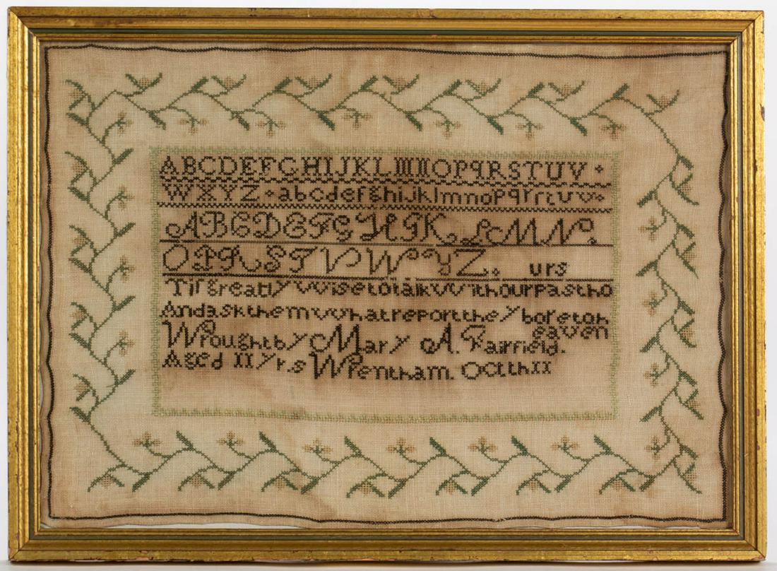 WRENTHAM, MASSACHUSETTS NEEDLEWORK SAMPLER: WRENTHAM, MASSACHUSETTS NEEDLEWORK SAMPLER, silk on linen, four alphabet rows above a two-row verse, below signed "Wrought by Mary A. Fairfield. / Aged 11 yrs Wrentham. Oct th11", all within a sawtoot