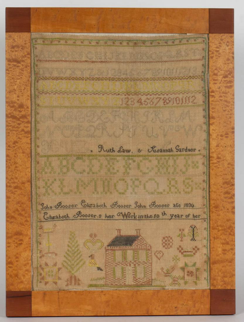 AMERICAN, POSSIBLY PENNSYLVANIA, NEEDLEWORK SAMPLER: AMERICAN, POSSIBLY PENNSYLVANIA, NEEDLEWORK SAMPLER, silk on linen, nine alphabet and numeral rows segmented by horizontal bands of decorative stitching with the names "Ruth Law & Susannah Gardner" in