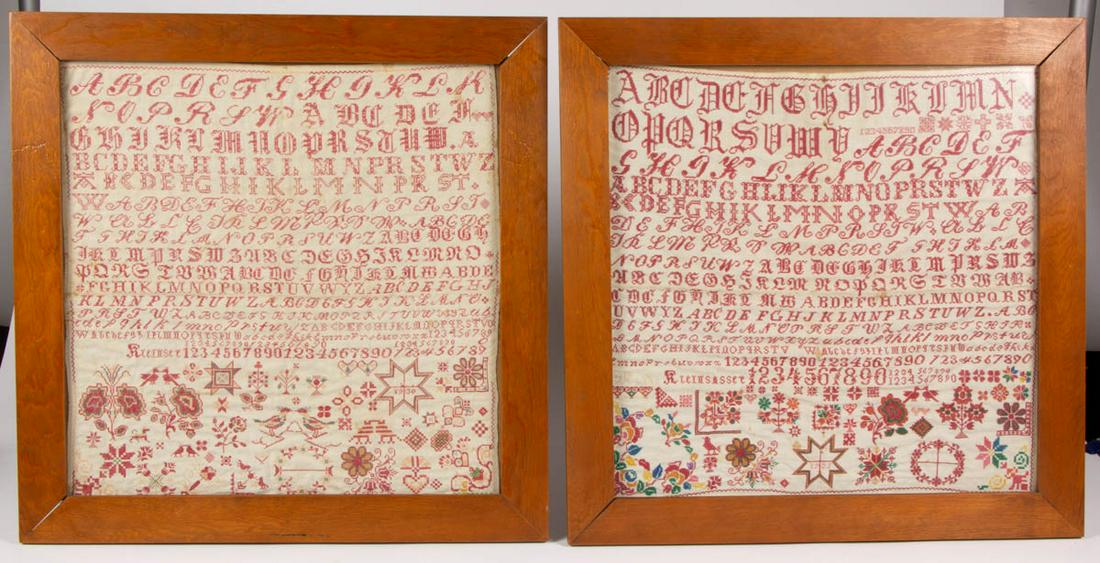 ASSORTED NEEDLEWORK SAMPLERS, LOT OF TWO: ASSORTED NEEDLEWORK SAMPLERS, LOT OF TWO, cotton on linen, each having 16 or 17 alphabet and numeral rows with signature in last row, below having various motifs in the lower fourth featuring flowers,