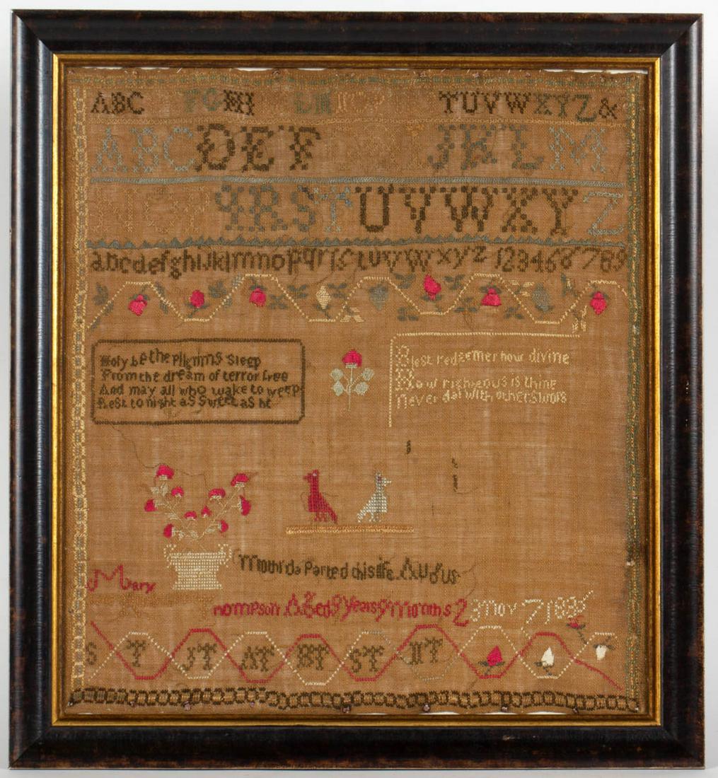 AMERICAN NEEDLEWORK SAMPLER: AMERICAN NEEDLEWORK SAMPLER, silk on linen, four alphabet and numeral rows segmented by horizontal bands of decorative stitching above two verses, lower half unfinished featuring pictorial motifs of a