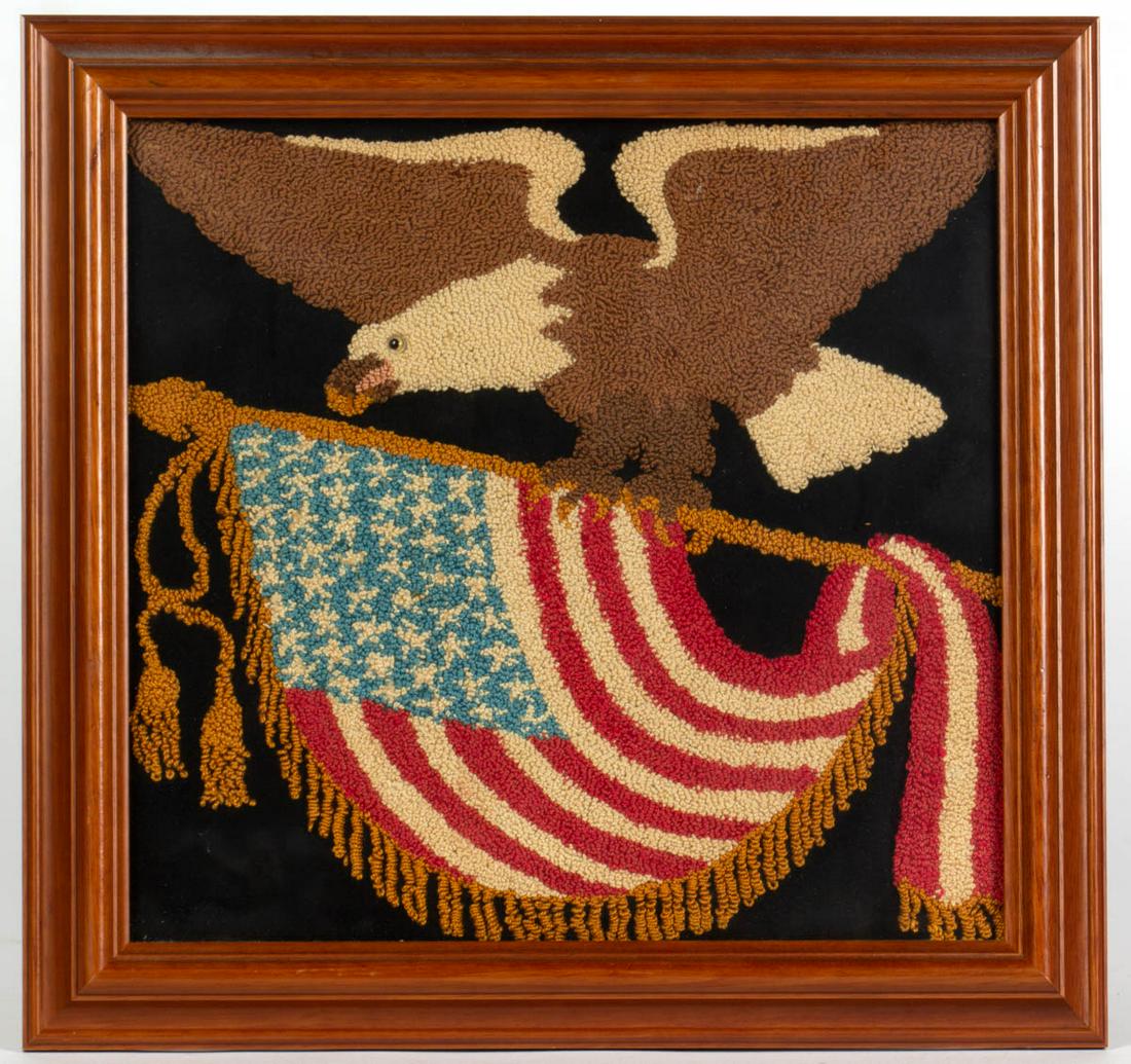 AMERICAN PATRIOTIC NEEDLEWORK PICTURE: AMERICAN PATRIOTIC NEEDLEWORK PICTURE, silk on black velvet-type panel, depicting a spread-wing eagle with glass eye gripping a 48-star American flag on pole with gold-toned trim. Housed under glass i