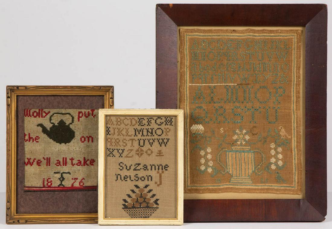 AMERICAN NEEDLEWORK SAMPLERS, LOT OF THREE: AMERICAN NEEDLEWORK SAMPLERS, LOT OF THREE, silk and wool on linen, largest example having six alphabet rows above pictorial motifs of flowers in urn and birds and dated "1825", one small example with