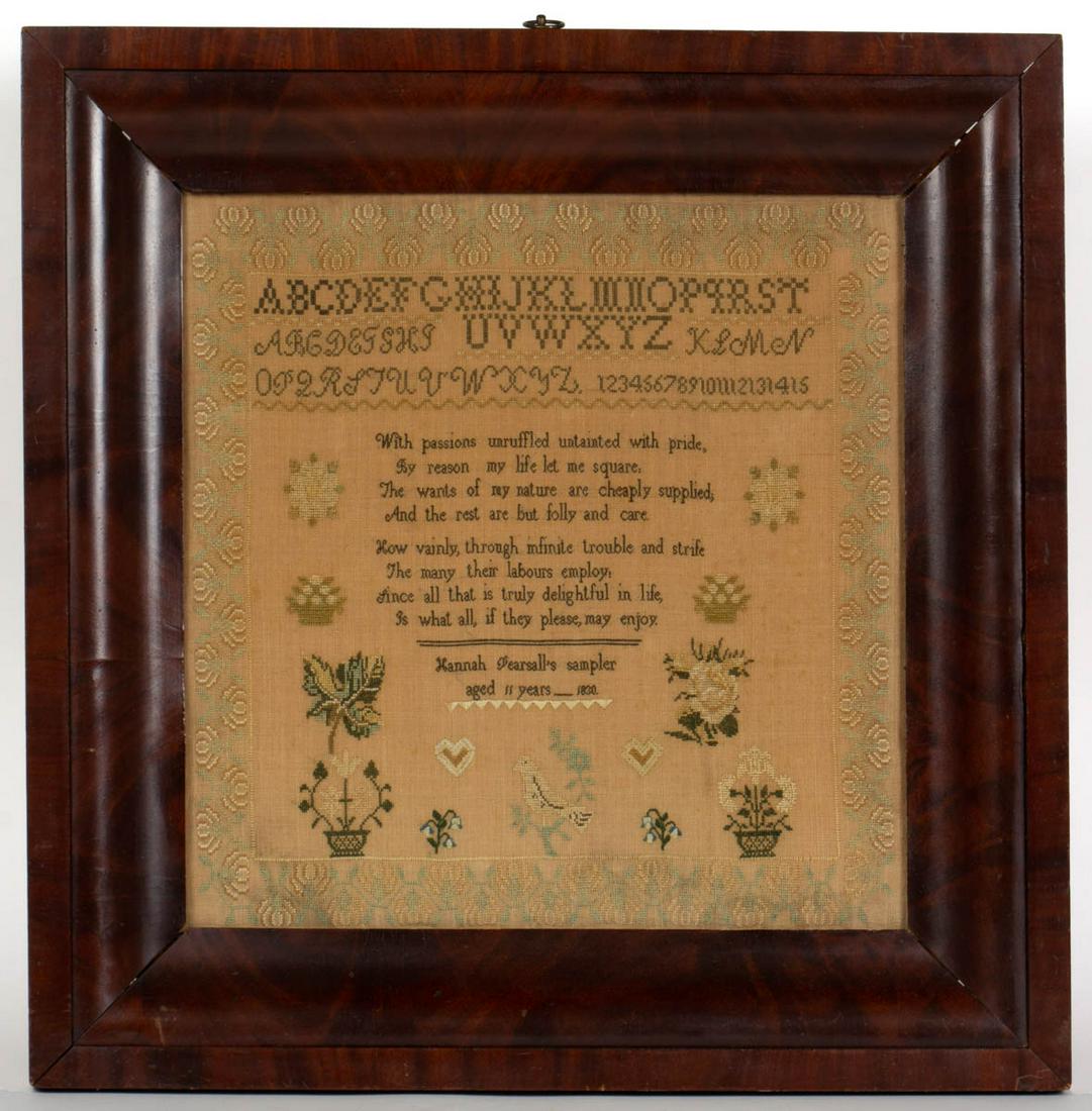 AMERICAN / BRITISH NEEDLEWORK SAMPLER: AMERICAN / BRITISH NEEDLEWORK SAMPLER, silk on linen, three alphabet and numeral rows above an eight-line poem by American novelist and writer Nathaniel Hawthorne (1804-1864), signed and dated "Hannah