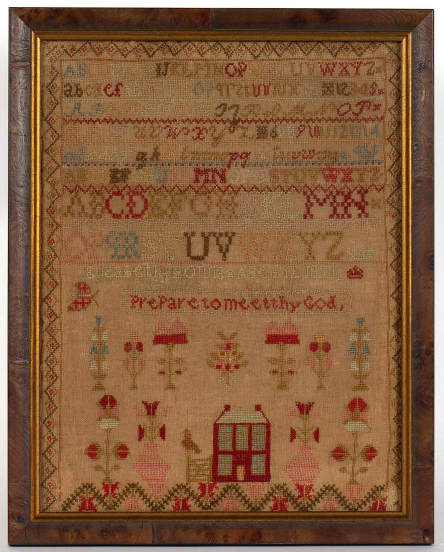 BRITISH OR AMERICAN NEEDLEWORK SAMPLER: BRITISH OR AMERICAN NEEDLEWORK SAMPLER, wool on linen, eight alphabet and numeral rows segmented by horizontal bands of decorative stitching, below signed and dated "Elizabeth Lowis Aged 12 1850" with
