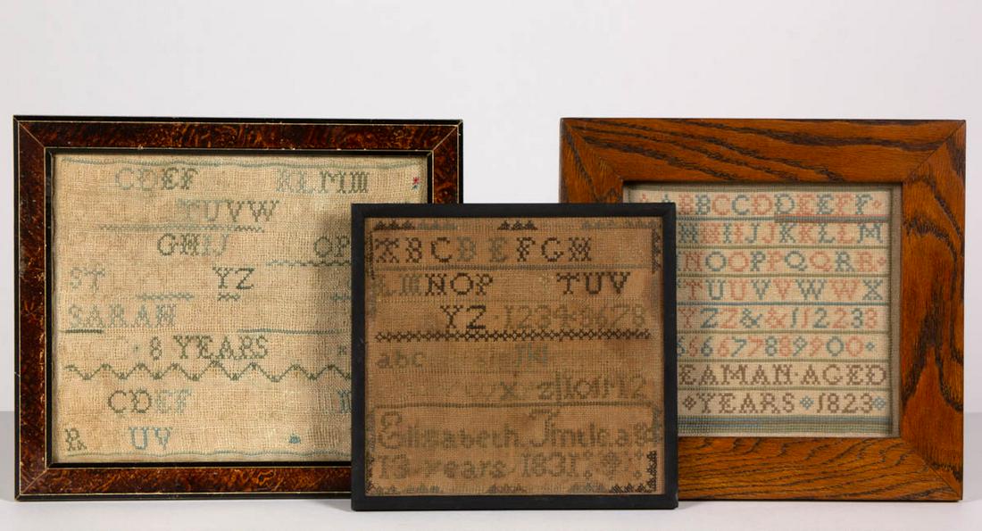 AMERICAN / BRITISH NEEDLEWORK SAMPLERS, LOT OF THREE: AMERICAN / BRITISH NEEDLEWORK SAMPLERS, LOT OF THREE, silk on linen, each with five to six total alphabet and numeral rows, one square example signed "E Seaman Aged / 7 Years 1823", other square examp