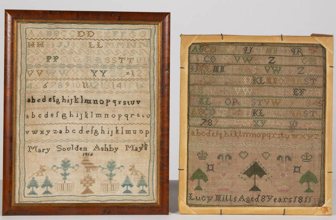 BRITISH / AMERICAN NEEDLEWORK SAMPLERS, LOT OF TWO: BRITISH / AMERICAN NEEDLEWORK SAMPLERS, LOT OF TWO, silk on linen, each with eight or nine alphabet and numeral rows segmented by horizontal bands of decorative stitching above various pictorial motif
