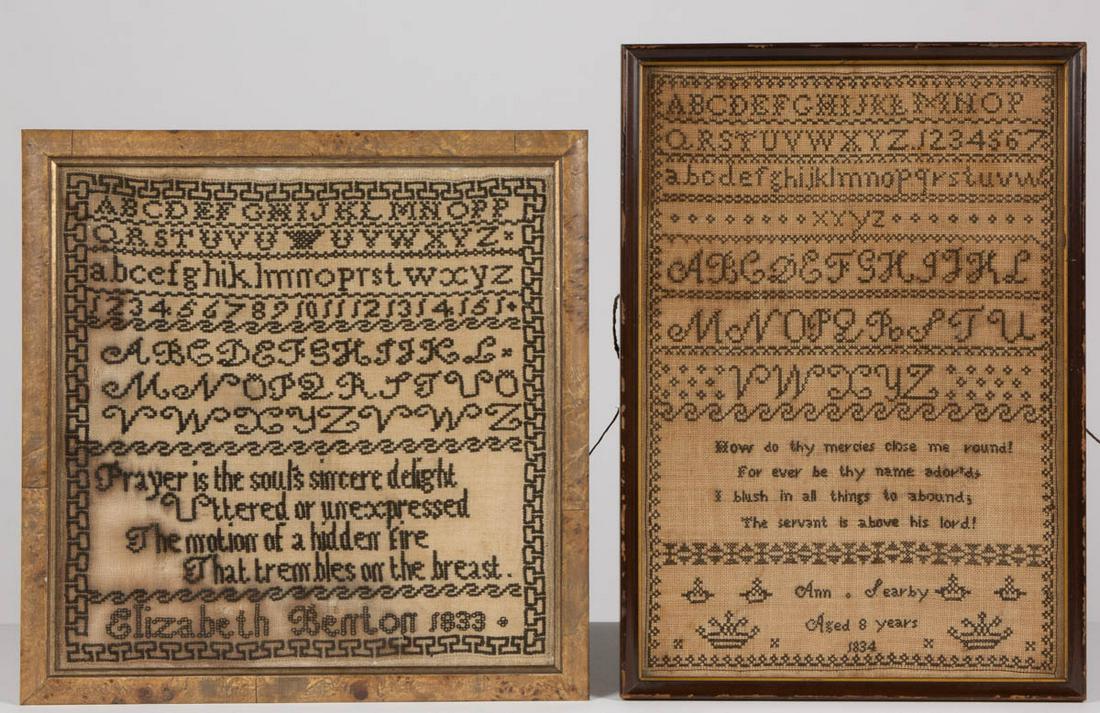 BRITISH / AMERICAN NEEDLEWORK SAMPLERS, LOT OF TWO: BRITISH / AMERICAN NEEDLEWORK SAMPLERS, LOT OF TWO, silk on linen, each with seven alphabet and numeral rows segmented by horizontal bands of decorative stitching above a four-row verse, signed along 