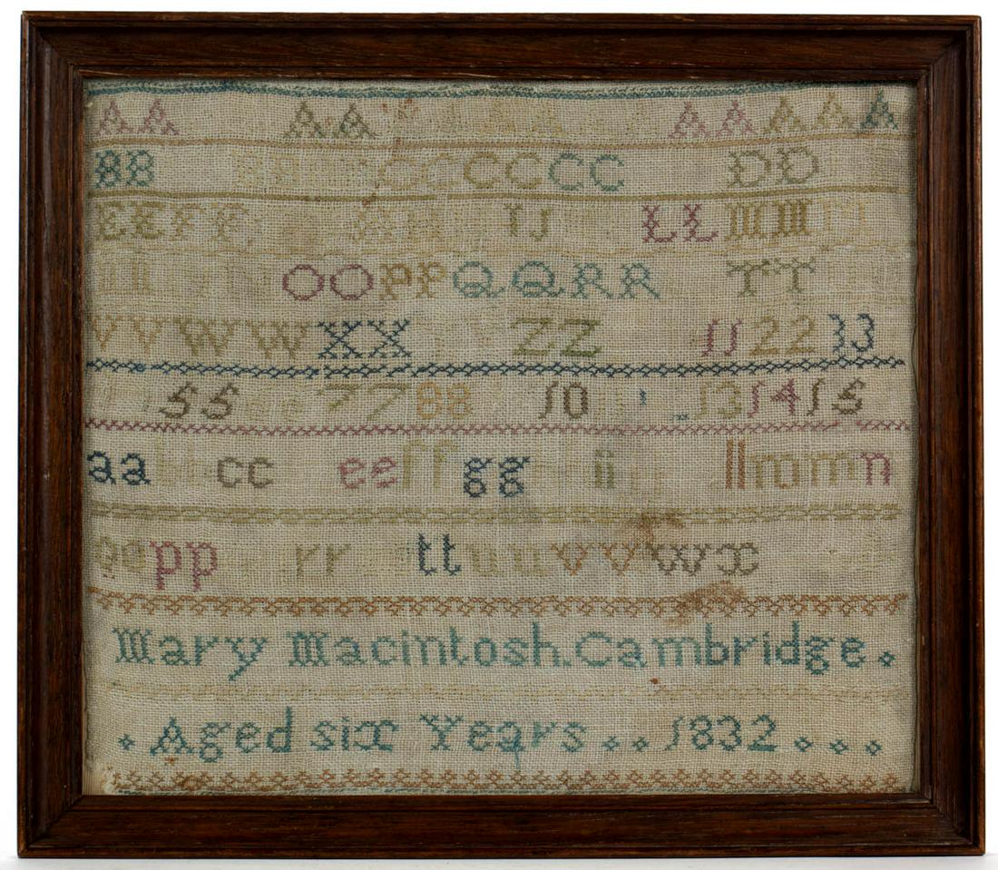 AMERICAN OR BRITISH NEEDLEWORK SAMPLER: AMERICAN OR BRITISH NEEDLEWORK SAMPLER, silk on linen, eight alphabet and numeral rows segmented by horizontal bands of decorative stitching, below signed and dated "Mary Macintosh. Cambridge. / Aged 