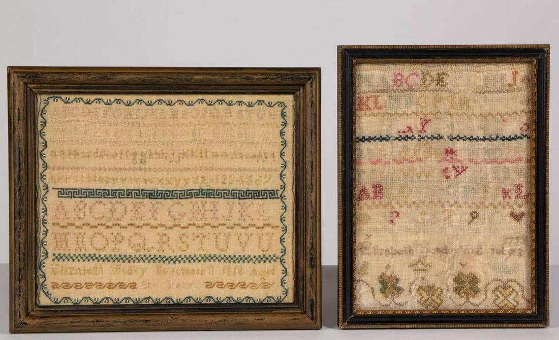 BRITISH / AMERICAN NEEDLEWORK SAMPLERS, LOT OF TWO: BRITISH / AMERICAN NEEDLEWORK SAMPLERS, LOT OF TWO, silk on linen, each with six or seven alphabet and numeral rows segmented by horizontal bands of decorative stitching, vertically-oriented example s