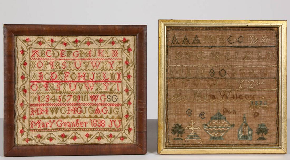 AMERICAN / BRITISH NEEDLEWORK SAMPLERS, LOT OF TWO: AMERICAN / BRITISH NEEDLEWORK SAMPLERS, LOT OF TWO, silk or wool on linen, one example with four alphabet rows, below signed "Ann Maria Wilcox / 1836", all above various motifs including a chapel, a c