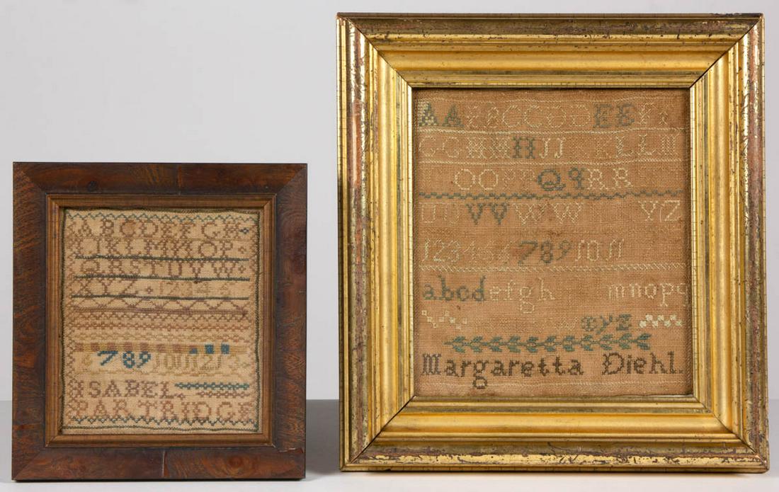 AMERICAN / BRITISH NEEDLEWORK SAMPLERS, LOT OF TWO: AMERICAN / BRITISH NEEDLEWORK SAMPLERS, LOT OF TWO, silk on linen, each with five or six alphabet and numeral rows segmented by horizontal bands of decorative stitching, smaller example signed "Isabel