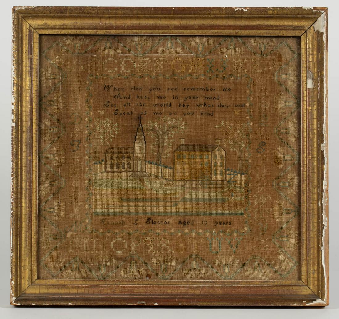 AMERICAN / BRITISH PICTORIAL NEEDLEWORK SAMPLER: AMERICAN / BRITISH PICTORIAL NEEDLEWORK SAMPLER, silk on linen, center featuring a pictorial depiction of a church and building with picket fence having a four-line verse above and signed below "Hanna