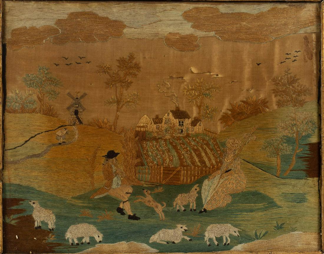 AMERICAN / BRITISH SILK-EMBROIDERED NEEDLEWORK PICTURE: AMERICAN / BRITISH SILK-EMBROIDERED NEEDLEWORK PICTURE, silk on silk, depicting a countryside scene featuring a shepherd and shepherdess tending to their sheep, background having a house with a garden
