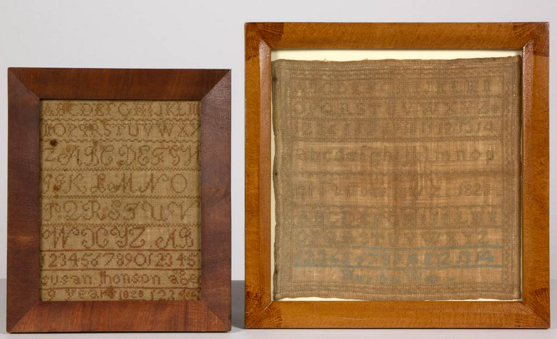 AMERICAN / BRITISH NEEDLEWORK SAMPLERS, LOT OF TWO: AMERICAN / BRITISH NEEDLEWORK SAMPLERS, LOT OF TWO, silk on linen, each with seven or eight alphabet and numeral rows segmented by horizontal bands of decorative stitching, larger signed "Mary Ann Web