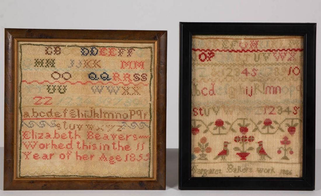 AMERICAN / BRITISH NEEDLEWORK SAMPLERS, LOT OF TWO: AMERICAN / BRITISH NEEDLEWORK SAMPLERS, LOT OF TWO, wool on linen, each with five or seven alphabet and numeral rows segmented by horizontal bands of decorative stitching, rectangular example signed "