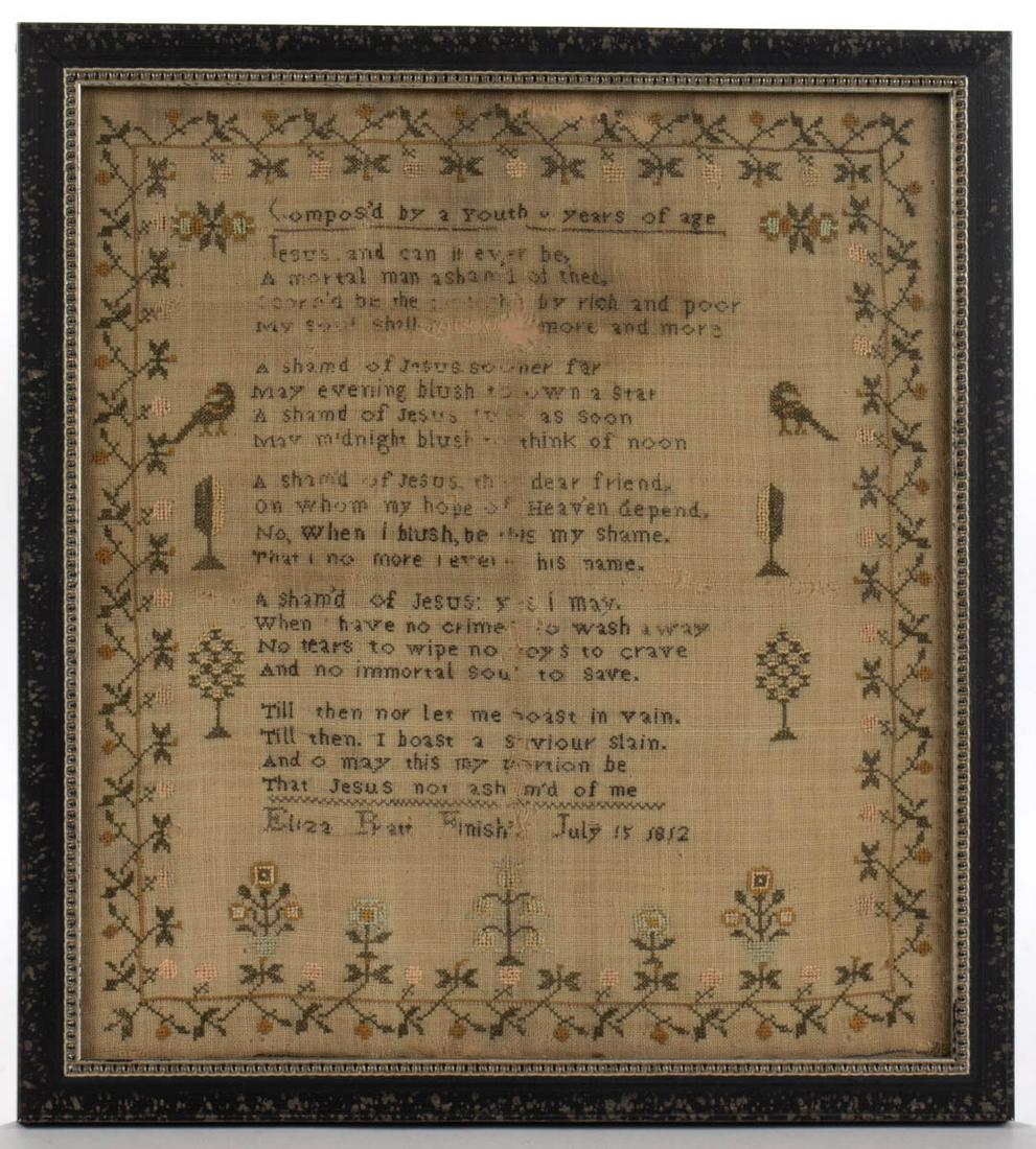 BRITISH / AMERICAN HYMN NEEDLEWORK SAMPLER: BRITISH / AMERICAN HYMN NEEDLEWORK SAMPLER, silk on linen, featuring five verses of a hymn written by English hymnwritter Joseph Grigg (1720-1768) with "Compos'd by a Youth [?] years of age", below si