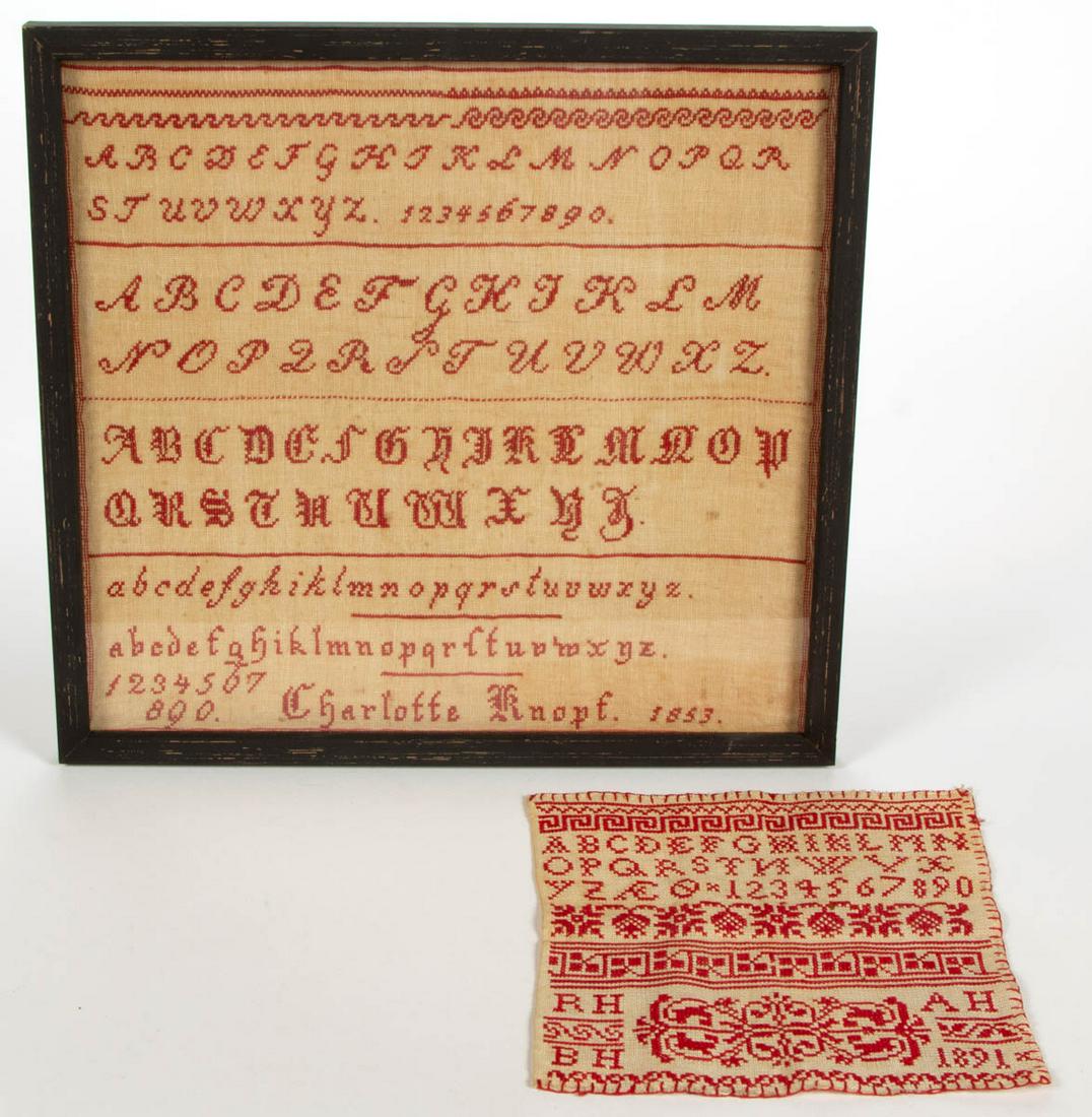 CONTINENTAL / AMERICAN NEEDLEWORK SAMPLERS, LOT OF TWO: CONTINENTAL / AMERICAN NEEDLEWORK SAMPLERS, LOT OF TWO, wool on linen, each having alphabet and numeral rows having some horizontal bands of decorative stitching, larger example signed and "Charlotte 