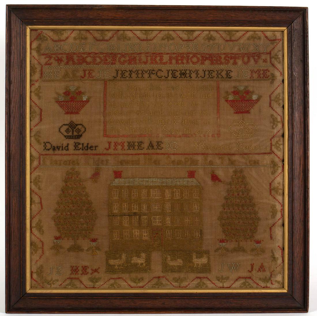 BRITISH / SCOTTISH PICTORIAL NEEDLEWORK SAMPLER: BRITISH / SCOTTISH PICTORIAL NEEDLEWORK SAMPLER, silk on linen, two alphabet rows above a row of initials over a six-row bible verse from Revelation chapter 3, verse 21, flanked by flower baskets, cen
