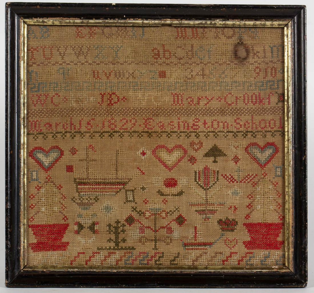 BRITISH NEEDLEWORK SAMPLER: BRITISH NEEDLEWORK SAMPLER, wool and silk on linen, three alphabet and numeral rows segmented by horizontal bands of decorative stitching over a row of initials and signed "Mary Crookf [Crooks] / Marc