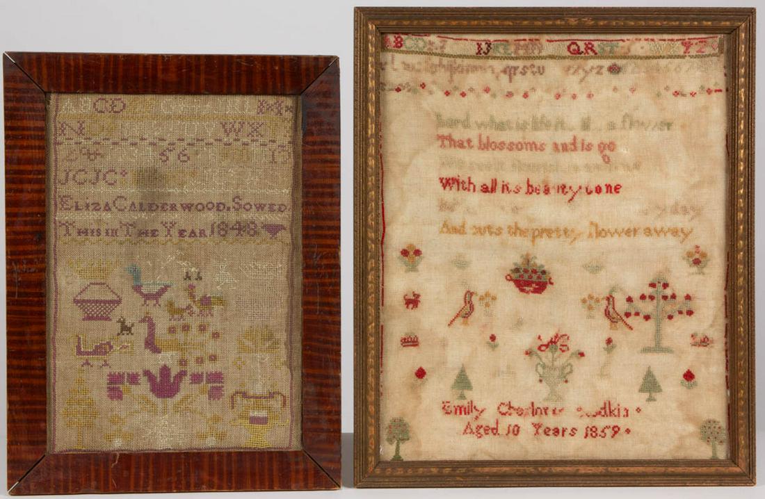 BRITISH PICTORIAL NEEDLEWORK SAMPLERS, LOT OF TWO: BRITISH PICTORIAL NEEDLEWORK SAMPLERS, LOT OF TWO, one example being silk on linen, three alphabet and numeral rows above a row of initials segmented by horizontal bands of decorative stitching, below