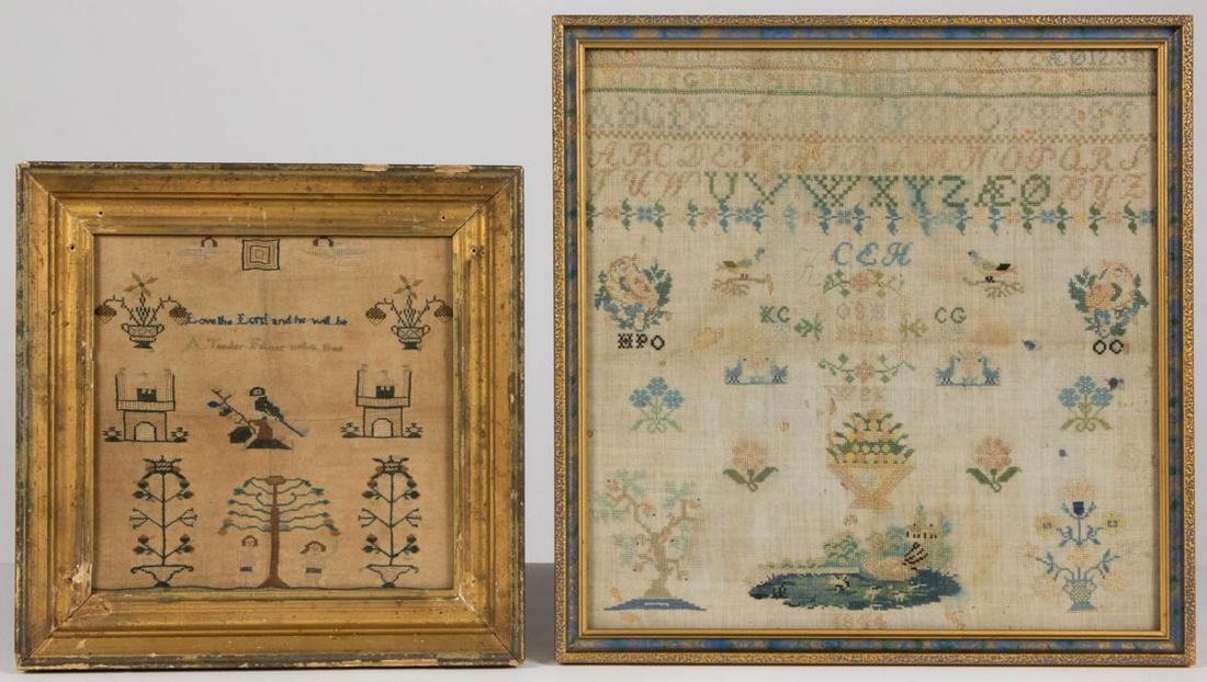 BRITISH OR OTHER PICTORIAL NEEDLEWORK SAMPLERS, LOT OF: BRITISH OR OTHER PICTORIAL NEEDLEWORK SAMPLERS, LOT OF TWO, silk on linen, larger example with five alphabet and numeral rows segmented by horizontal bands of decorative stitching above various initia