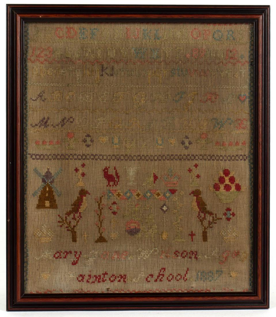 BRITISH PICTORIAL NEEDLEWORK SAMPLER: BRITISH PICTORIAL NEEDLEWORK SAMPLER, wool on linen, six alphabet and numeral rows segmented by horizontal bands of decorative stitching, lower half featuring various motifs including birds, a windmil