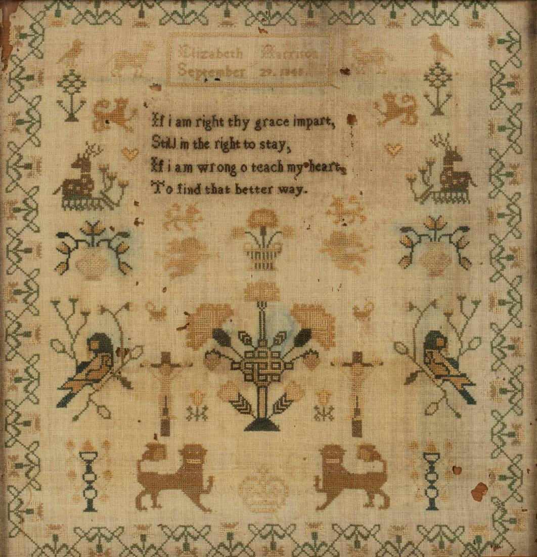 BRITISH PICTORIAL NEEDLEWORK SAMPLER: BRITISH PICTORIAL NEEDLEWORK SAMPLER, silk on linen, four-line verse surrounded by various pictorial motifs including lions, stags, birds, flowers, a crown, and Jesus on the cross, signed and dated "E