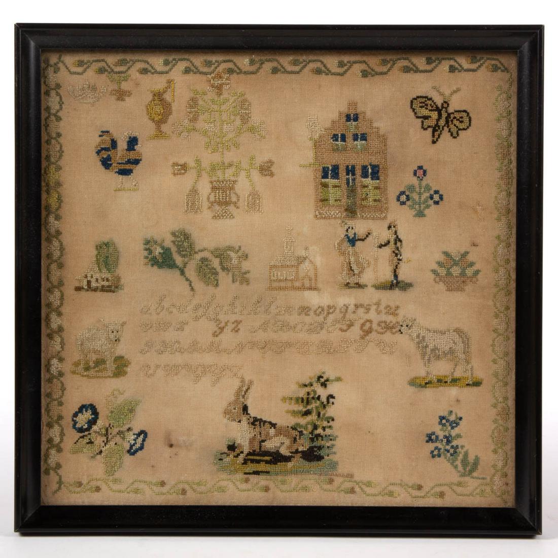 BRITISH / CONTINENTAL PICTORIAL NEEDLEWORK SAMPLER: BRITISH / CONTINENTAL PICTORIAL NEEDLEWORK SAMPLER, silk on linen, four alphabet rows surrounded by various pictorial motifs including figures, a rabbit, two sheep, various buildings, flowers, and a c