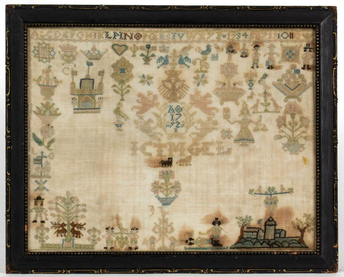 LIKELY CONTINENTAL PICTORIAL NEEDLEWORK SAMPLER: LIKELY CONTINENTAL PICTORIAL NEEDLEWORK SAMPLER, silk on linen, one alphabet and numeral row along top edge above various pictorial motifs including figures, buildings, animals, flowers, and a crown o