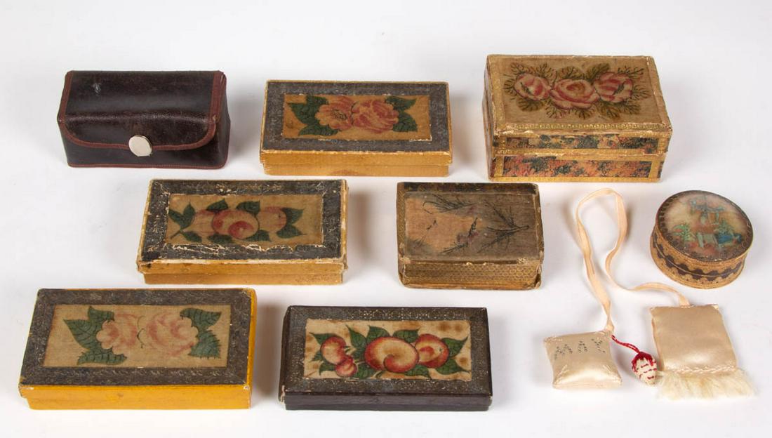 ASSORTED ANTIQUE SEWING ARTICLES, LOT OF NINE: ASSORTED ANTIQUE SEWING ARTICLES, LOT OF NINE, including six wallpaper-type boxes, several with inscriptions, and a silk-covered pin cushion marked for "MAY". 19th century. Largest 2" H, 4 1/2" W, 3" 