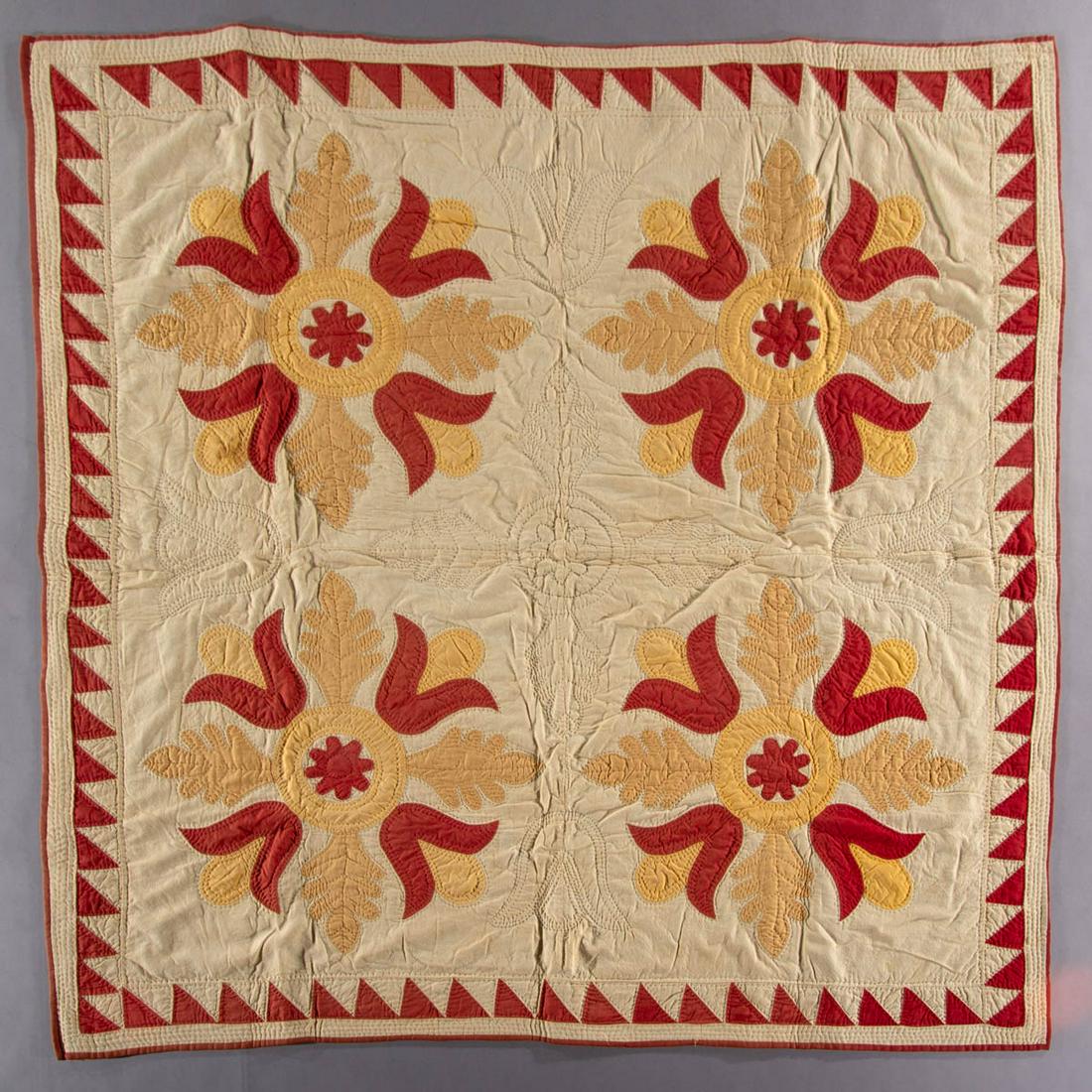 MID-ATLANTIC "TULIP AND LEAF"-TYPE APPLIQUE CRIB /: MID-ATLANTIC "TULIP AND LEAF"-TYPE APPLIQUE CRIB / YOUTH QUILT, hand-stitched, plain red, yellow, white, and fugitive fabrics, four pattern blocks featuring foliate motifs with tulips having outline q