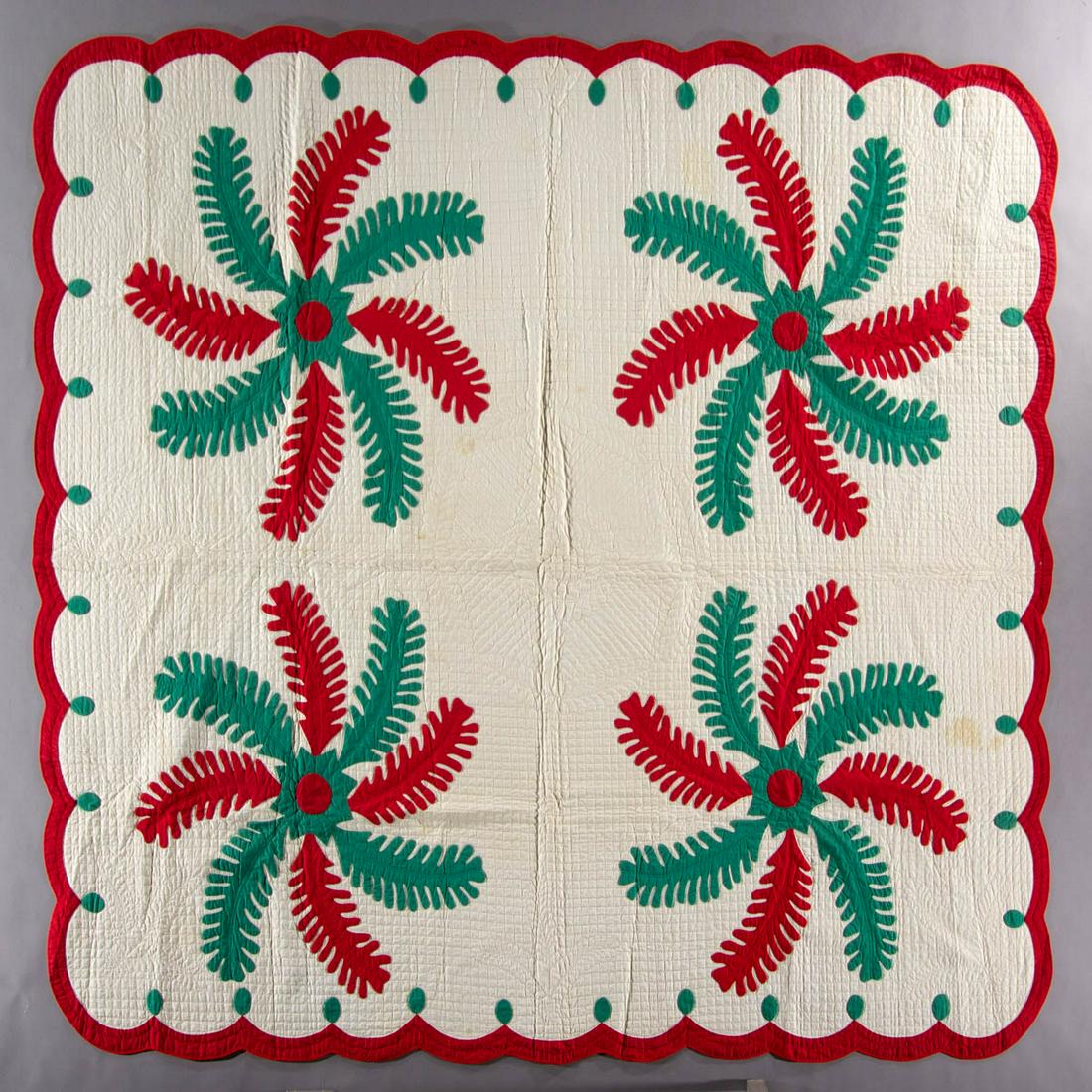 AMERICAN "PRINCESS FEATHER" APPLIQUE QUILT: AMERICAN "PRINCESS FEATHER" APPLIQUE QUILT, hand-stitched, red and green plain fabrics on white, four pattern motifs on a whole cloth ground having overall grid quilting with plume motif accents, scal