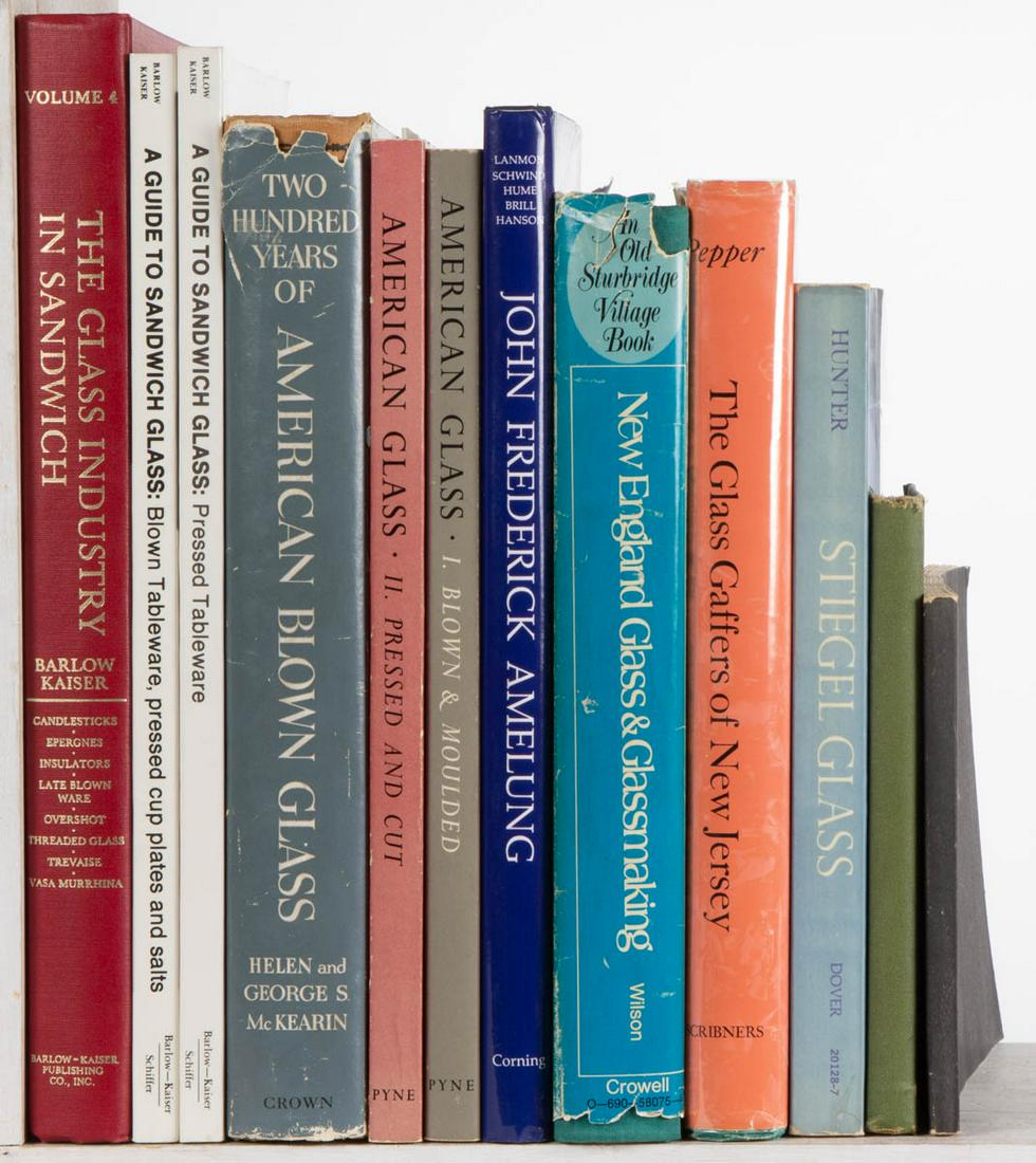AMERICAN GLASS REFERENCE VOLUMES, LOT OF 13: AMERICAN GLASS REFERENCE VOLUMES, LOT OF 13, including Barlow/Kaiser, "The Glass Industry in Sandwich" volume 4 and two guides; "Boston & Sandwich Glass Co. 1874 Trade Catalogue" reprint; Wilson, "New