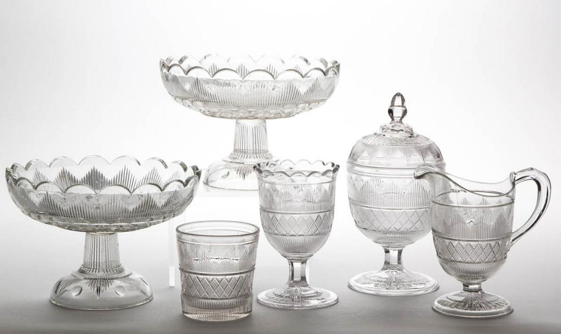 HAMILTON TABLE ARTICLES, LOT OF SIX: HAMILTON TABLE ARTICLES, LOT OF SIX, colorless lead glass, comprising two open compotes, covered sugar bowl, creamer, spooner, and water tumbler. Boston & Sandwich Glass Co. and Cape Cod Glass Co. 185